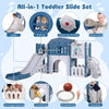 All-in-1 toddler slide playset in blue featuring a slide, tunnel, basketball hoop, and climbing area for safe play.