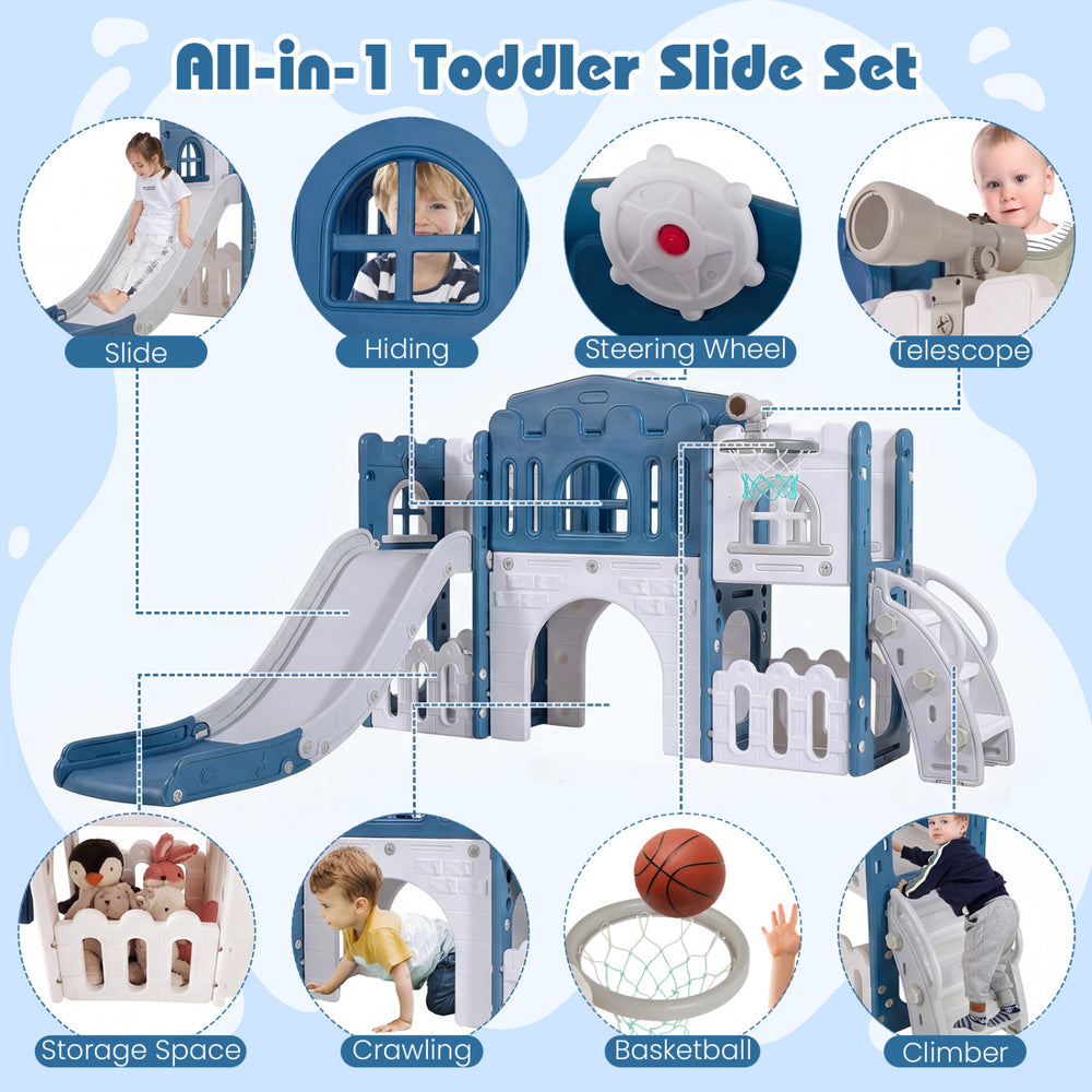 All-in-1 toddler slide playset in blue featuring a slide, tunnel, basketball hoop, and climbing area for safe play.