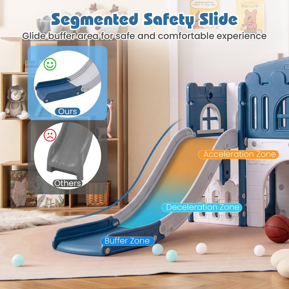 Toddler slide playset with acceleration, deceleration, and buffer zones for safe play, ideal for developing motor.
