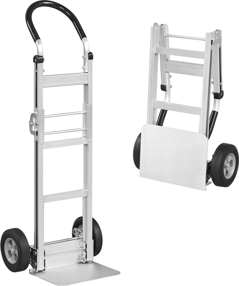 Aluminum dolly cart with ergonomic handle and dual 8-inch rubber wheels, ideal for transporting bulky items securely.