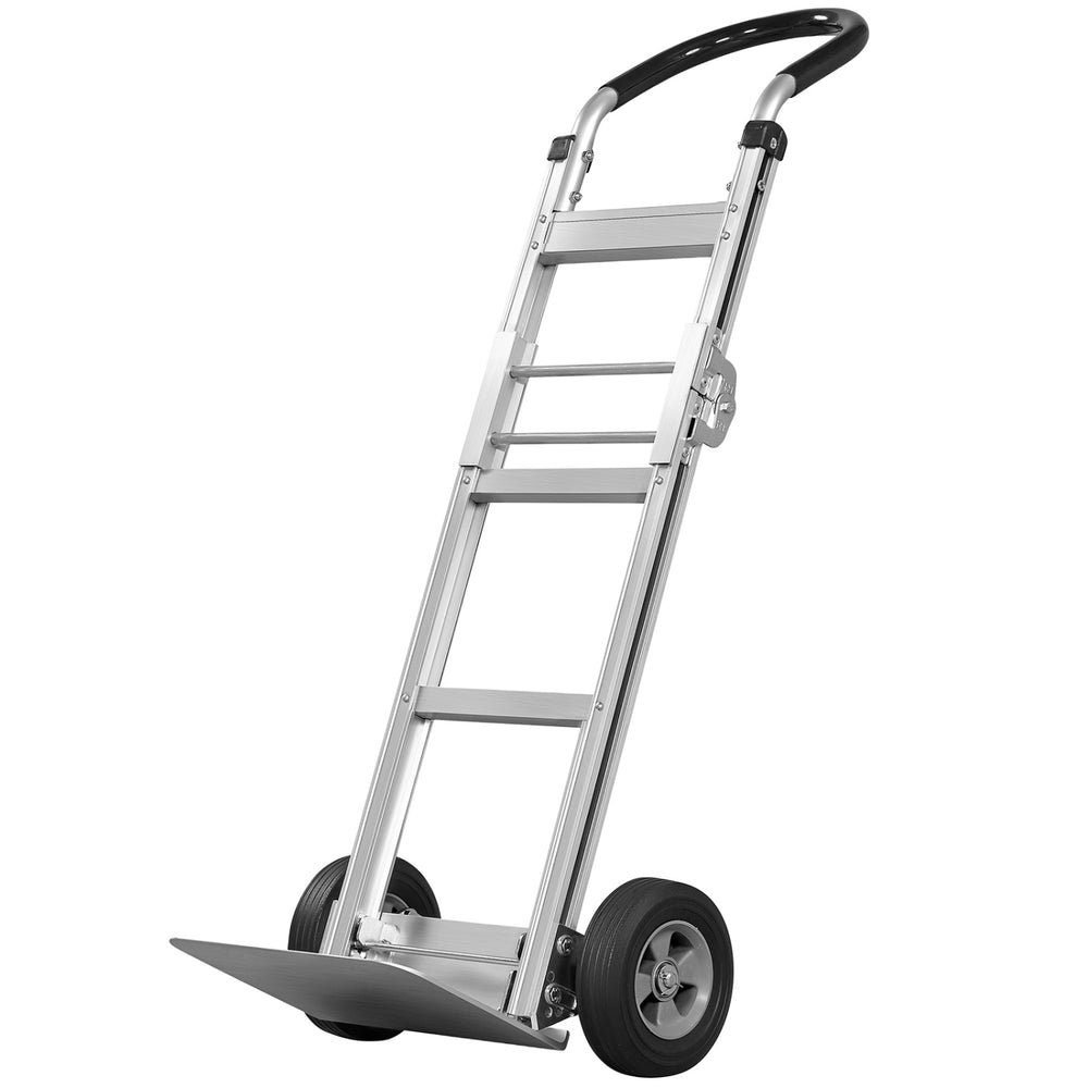 Aluminum dolly cart with ergonomic handle and dual rubber wheels, ideal for transporting bulky items in various.