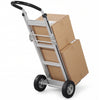 Aluminum dolly cart with two rubber wheels and ergonomic handle, ideal for transporting boxes in warehouses or offices.