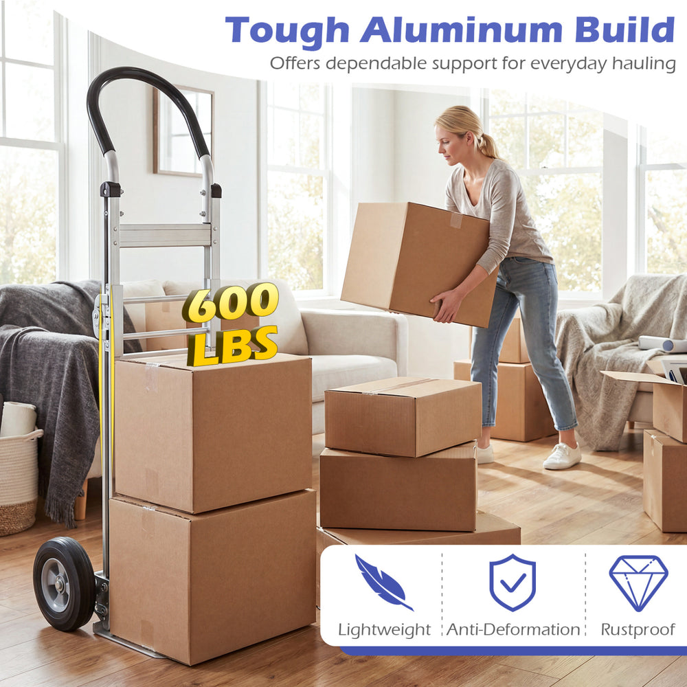 Aluminum dolly cart with ergonomic handle and dual rubber wheels, supports 600 lbs for easy transport at home or office.