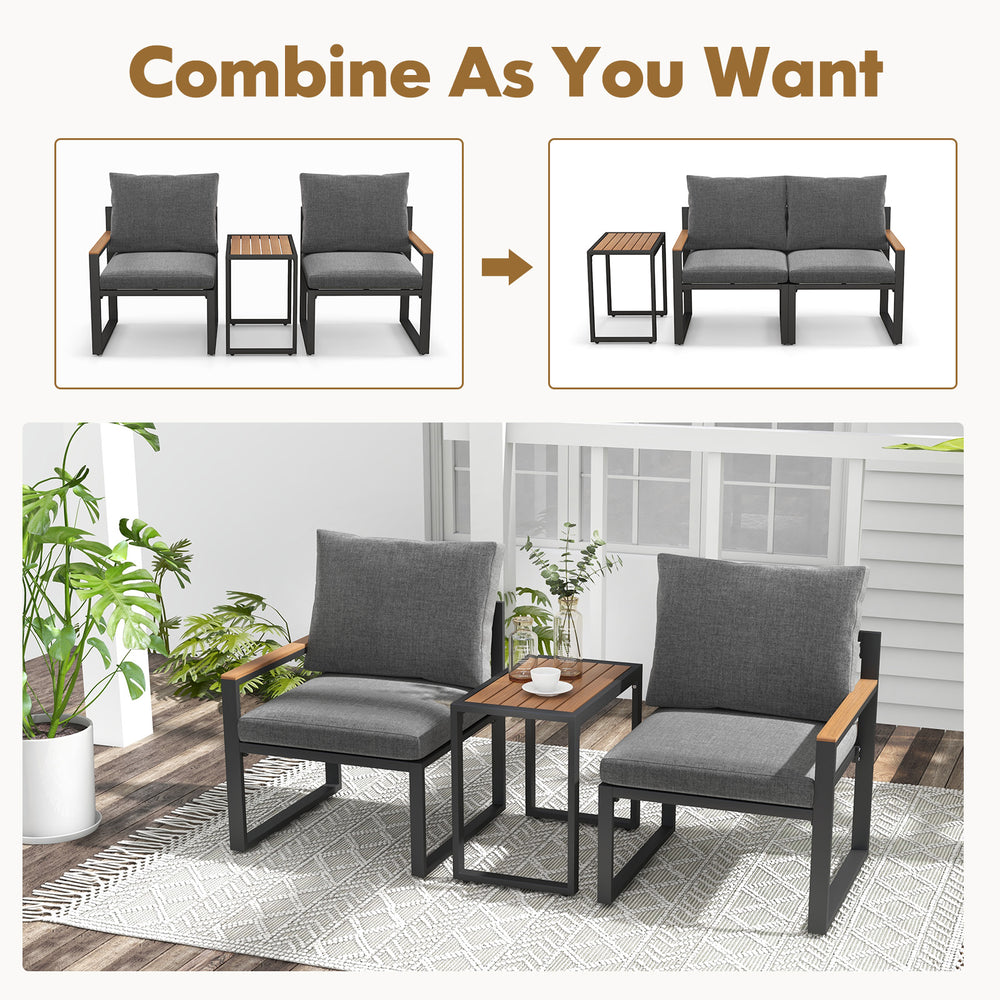 Two gray outdoor chairs with a WPC tabletop, featuring soft cushions, ideal for versatile patio arrangements.