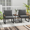 Two gray cushioned chairs with a small table, featuring aluminum frames, on a patio rug for outdoor conversation.