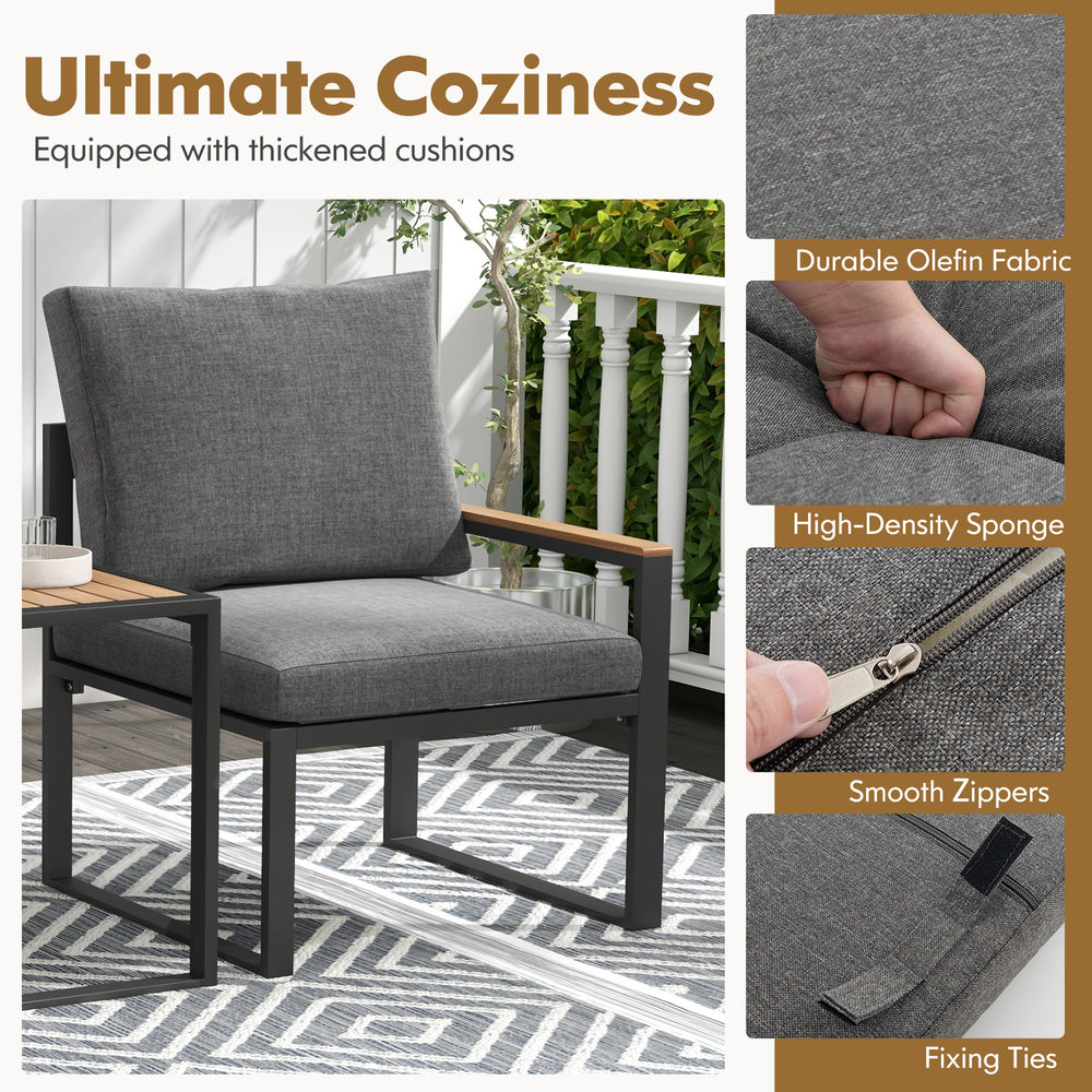 Gray outdoor chair with thickened Olefin fabric cushions, aluminum frame, and WPC armrests for patio comfort.