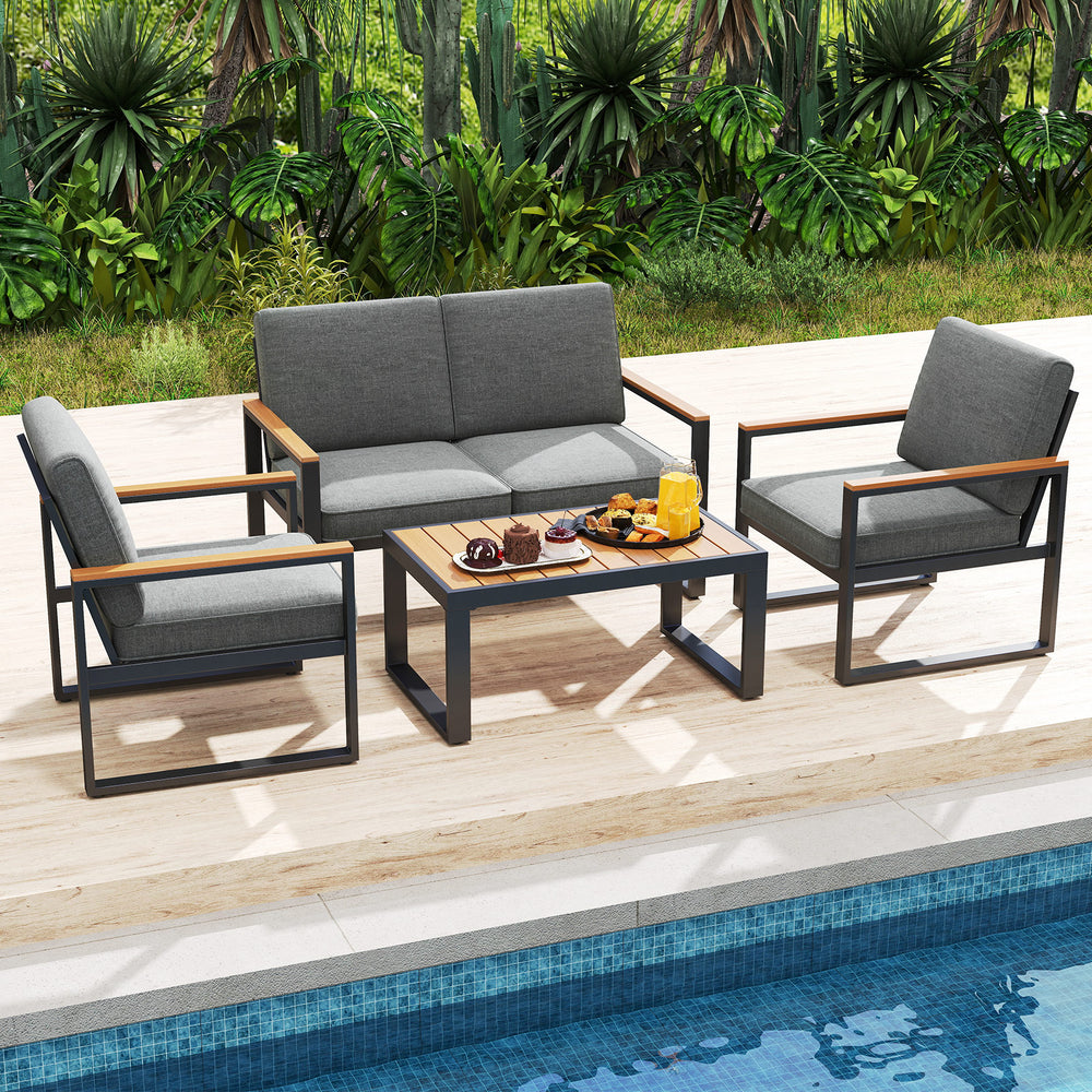 4-piece gray patio furniture set featuring aluminum frame, wood-plastic armrests, and thick cushions for outdoor.