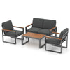 4-piece patio furniture set featuring gray cushions, aluminum frame, and wood-plastic armrests, ideal for outdoor.