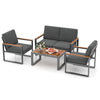 4-piece patio aluminum furniture set in gray with armrests, thick cushions, and wood-plastic tabletop for outdoor.