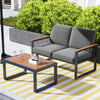 Gray loveseat with wood-plastic armrests and aluminum frame, perfect for outdoor patio relaxation.