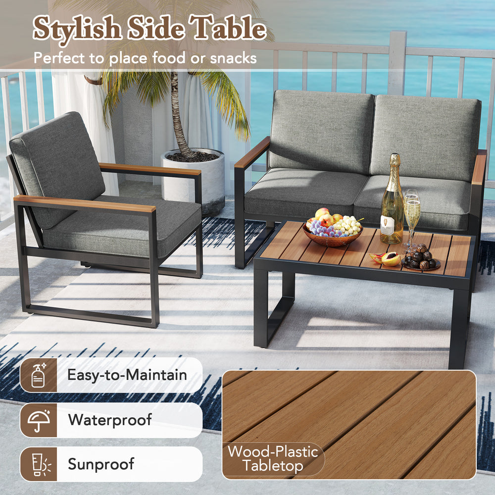 Stylish wood-plastic tabletop side table with gray armchair and loveseat, perfect for outdoor snacks and drinks.