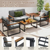 4-piece patio aluminum furniture set with gray cushions, wood-plastic armrests, ideal for backyard relaxation.
