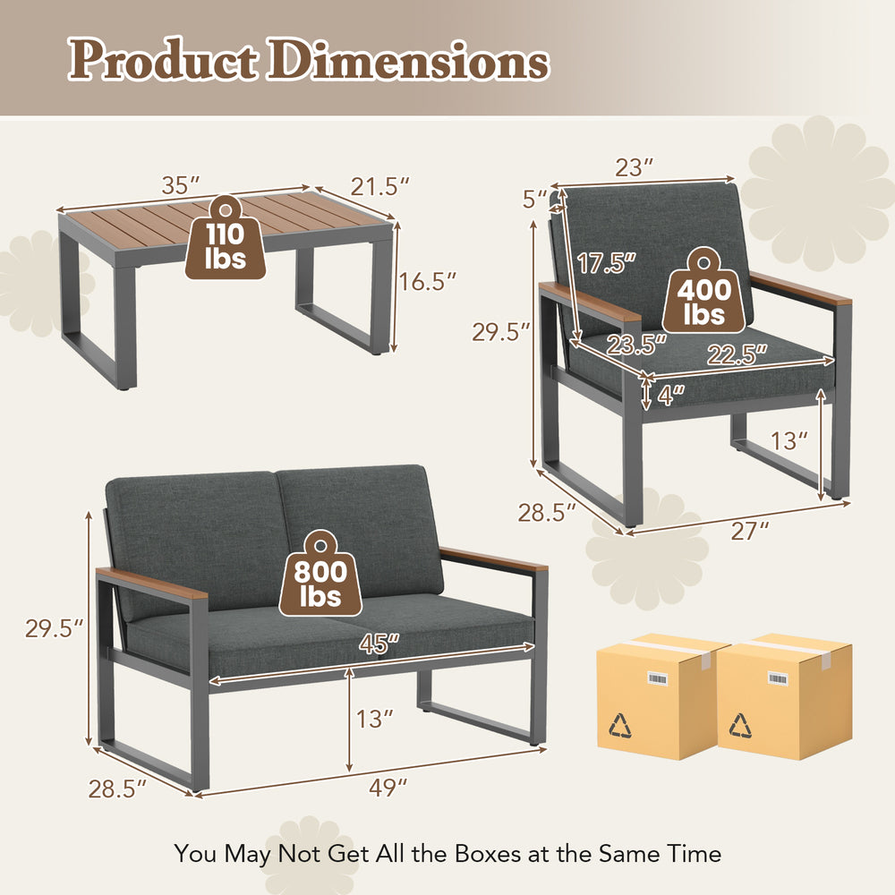 Dimensions of the 4 Piece Patio Aluminum Furniture Set, showcasing armchair and loveseat weight capacities for outdoor.