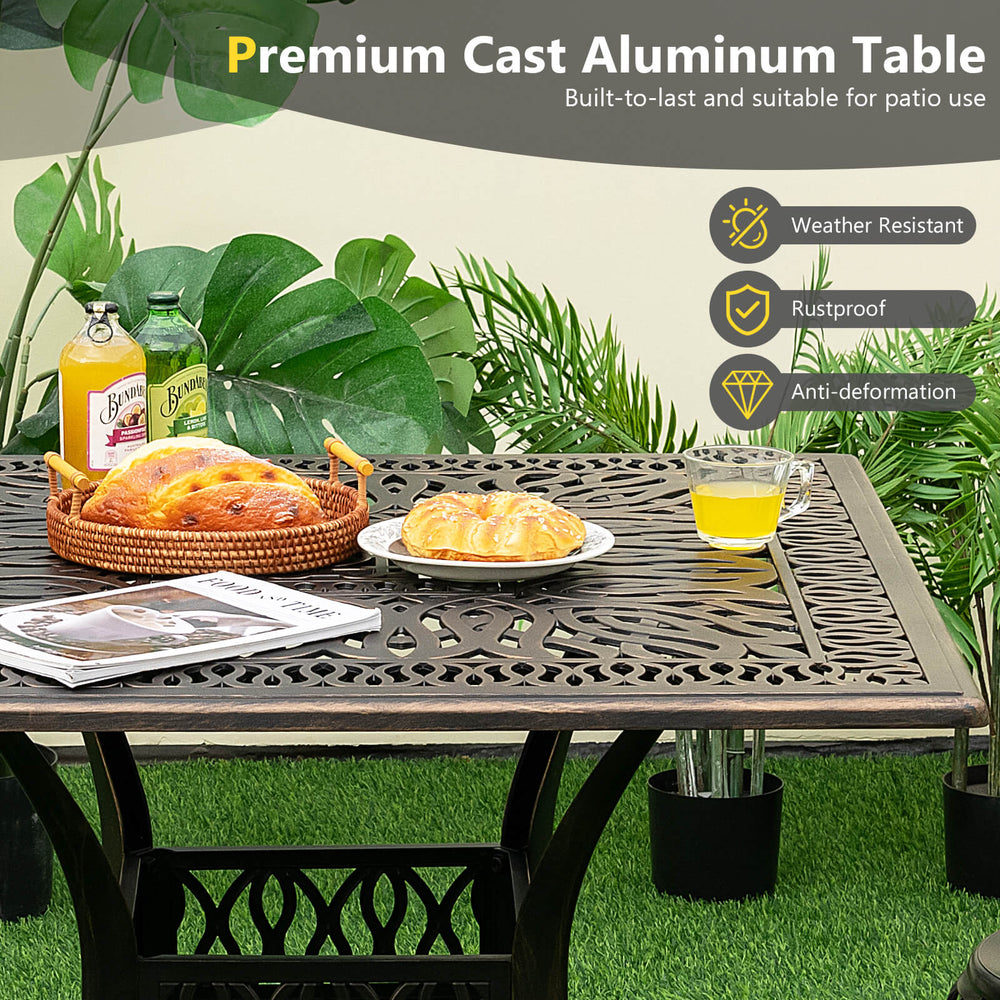 35.4-inch bronze cast aluminum patio dining table with umbrella hole, perfect for backyard gatherings and durable use.
