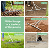 Aluminum rake with a 36-inch wide head and 68-inch handle, ideal for lawn care and gardening tasks.