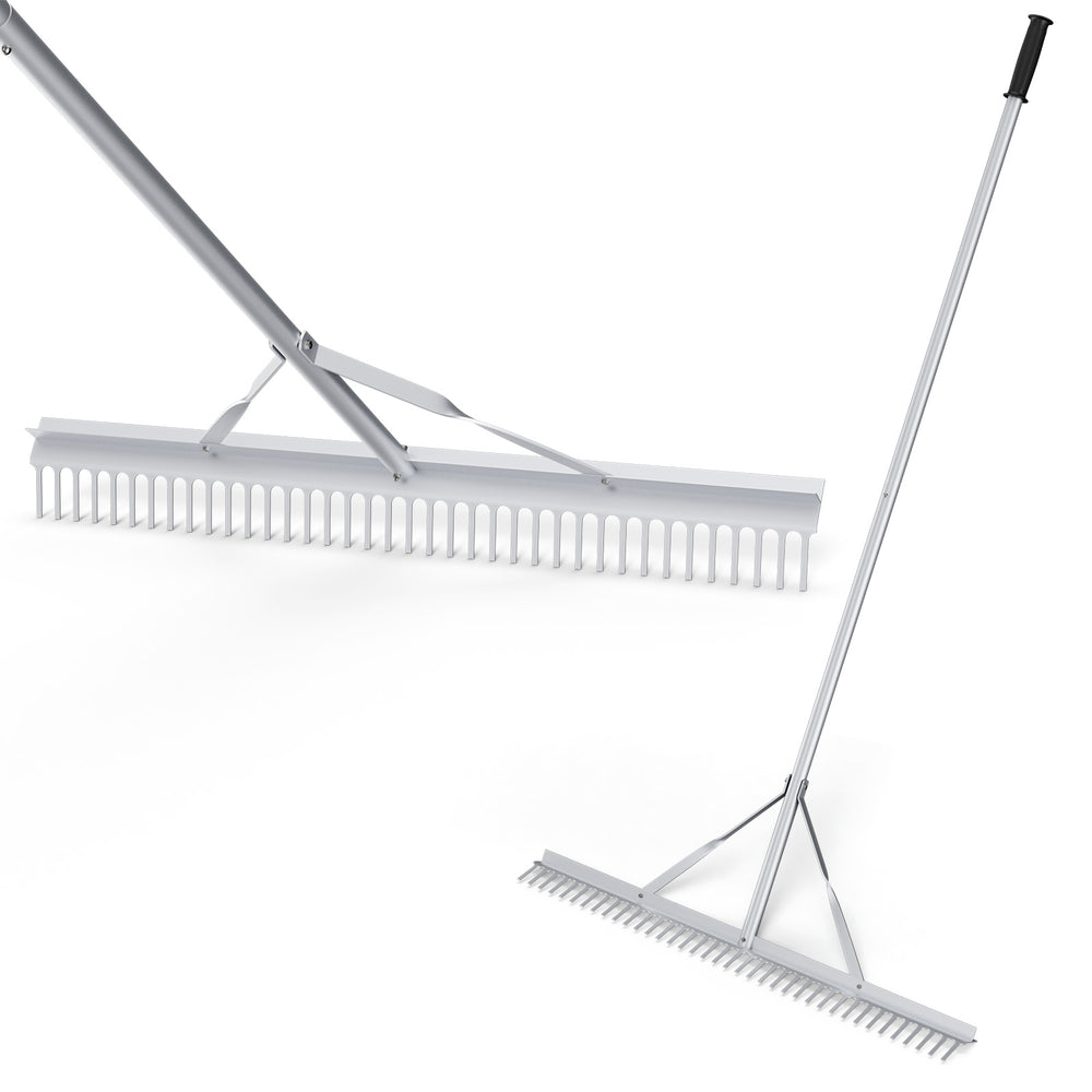 Aluminum rake featuring a double-sided head with sharp tines and smooth side, perfect for versatile gardening tasks.
