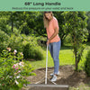 Aluminum rake with a 36" wide head and 68" long handle, designed for efficient lawn care and reduced back strain.