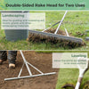 Double-sided aluminum rake with 36-inch head and 68-inch handle, ideal for landscaping and leveling soil.