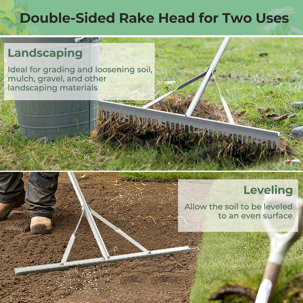 Double-sided aluminum rake with 36-inch head and 68-inch handle, ideal for landscaping and leveling soil.