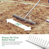 36-inch wide aluminum rake head with sharp tines and 68-inch handle, ideal for efficient lawn care and gardening tasks.