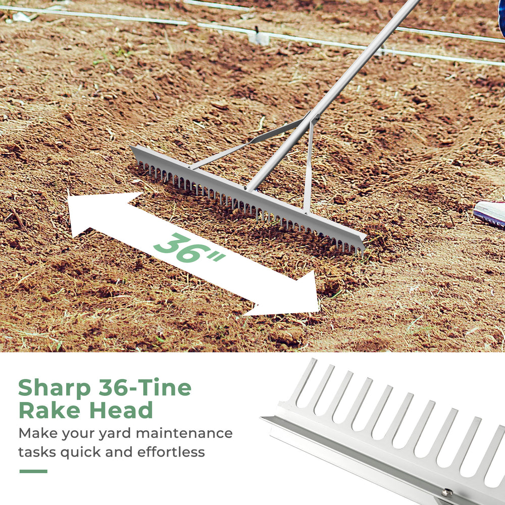 36-inch wide aluminum rake head with sharp tines and 68-inch handle, ideal for efficient lawn care and gardening tasks.