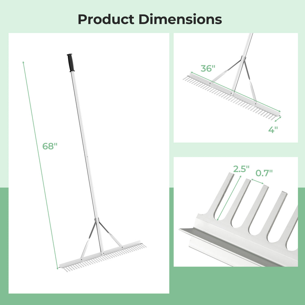 Aluminum rake with a 36-inch wide head and 68-inch long handle, ideal for efficient lawn care and easy storage.