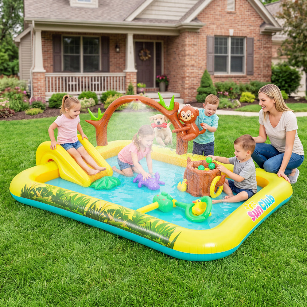 Inflatable Animal Spray Pool with slide, featuring a jungle pattern, for kids' backyard fun and water play.