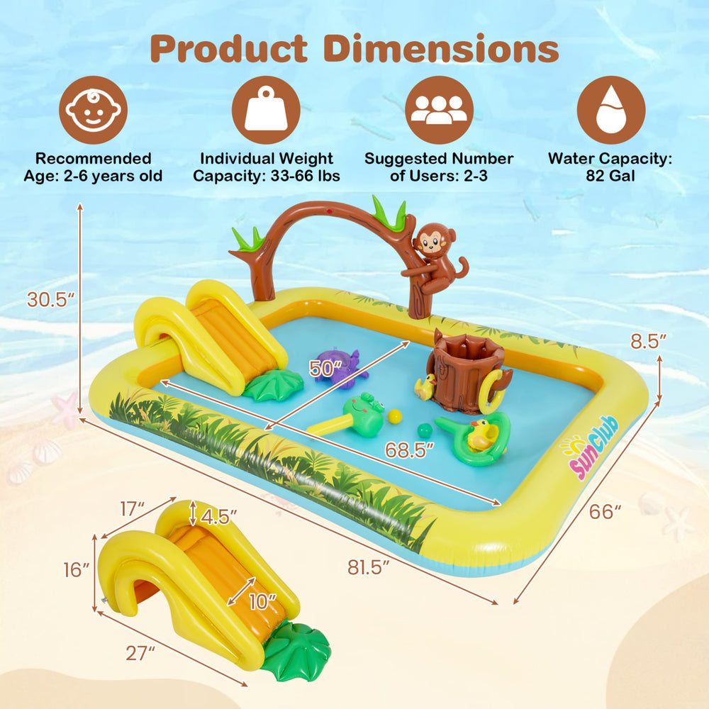 Animal spray pool with slide, featuring a jungle pattern, for kids aged 2-6, ideal for backyard fun and cooling off.