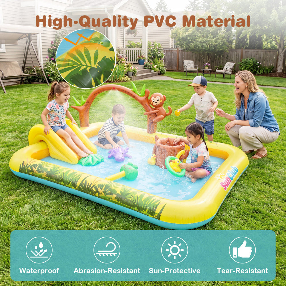 Animal spray pool with slide, made of thick PVC, featuring a jungle pattern, ideal for backyard fun for kids aged 2-6.