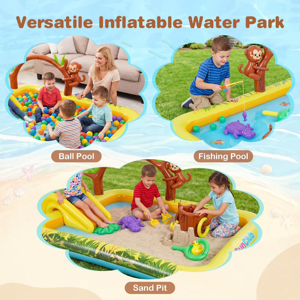 Animal Spray Pool with Slide featuring a ball pool, fishing pool, and sand pit for backyard fun for kids aged 2-6.