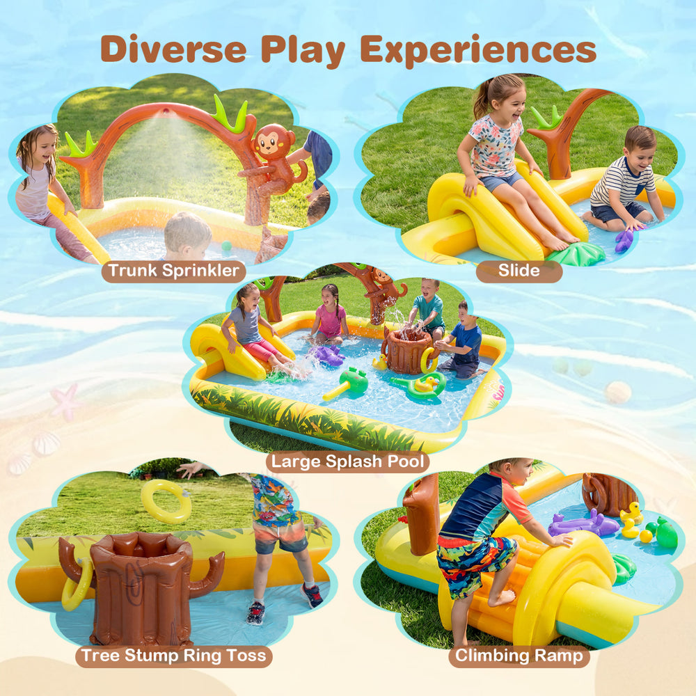 Animal spray pool with slide featuring a large splash area, trunk sprinkler, and climbing ramp for backyard fun.