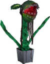 Animated Halloween man-eater plant prop with sharp teeth, crimson glow, and posable leaves for a spooky display.