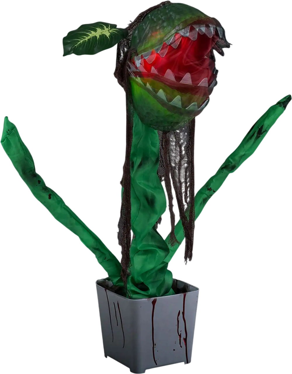 Animated Halloween man-eater plant prop with sharp teeth, crimson glow, and posable leaves for a spooky display.