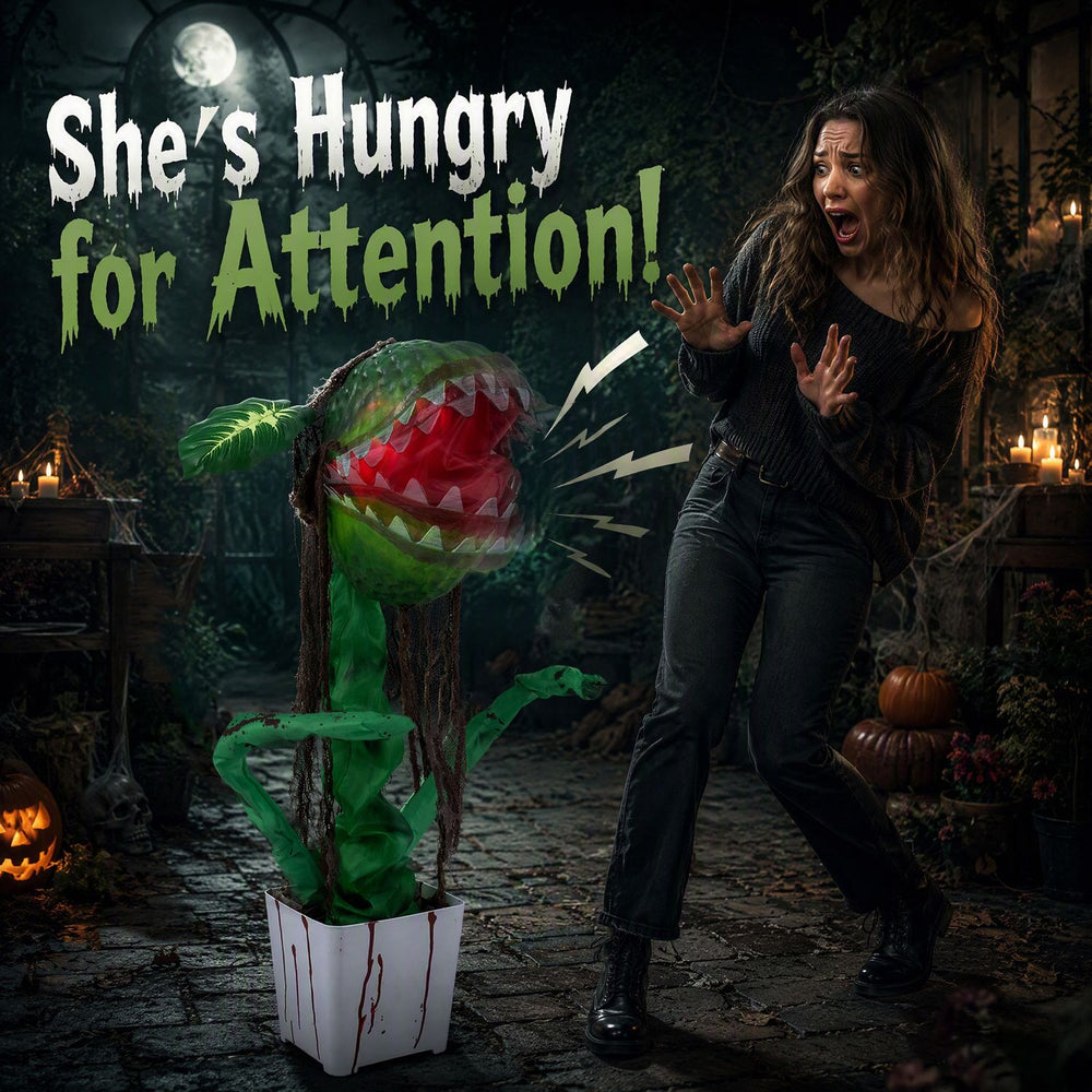 Animated Halloween man-eater plant prop with chomping motions, sharp teeth, and posable leaves for spooky decor.
