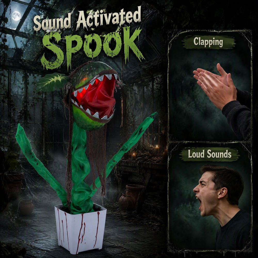Animated Halloween man-eater plant prop with chomping motions and sound activation, perfect for scaring guests.