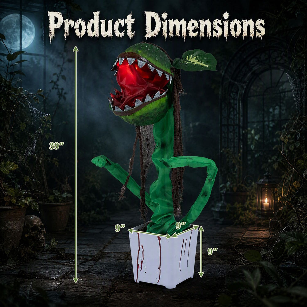 Animated Halloween man-eater plant prop with sharp teeth, 39" height, and posable leaves for customizable scares.