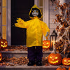 Animatronic haunted boy in a yellow raincoat with glowing eyes and animated arms, perfect for Halloween decorations.
