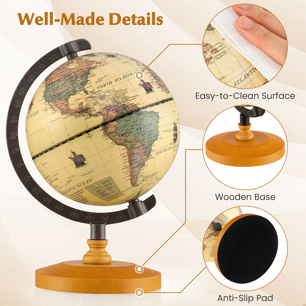 Mini rotating antique globe with a wooden base, featuring clear geographic details and an easy-to-clean surface.
