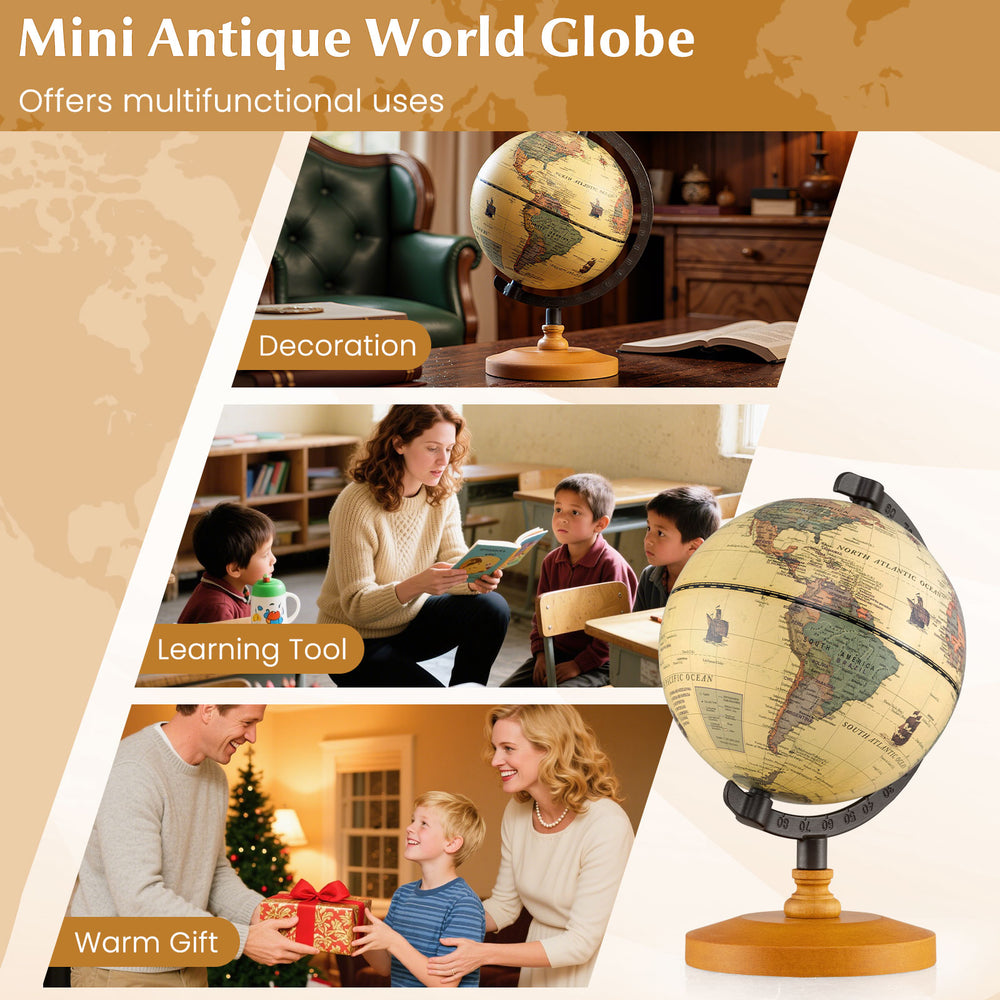 Mini antique world globe with a wooden base, 5.5 inches, ideal for decoration and educational purposes.