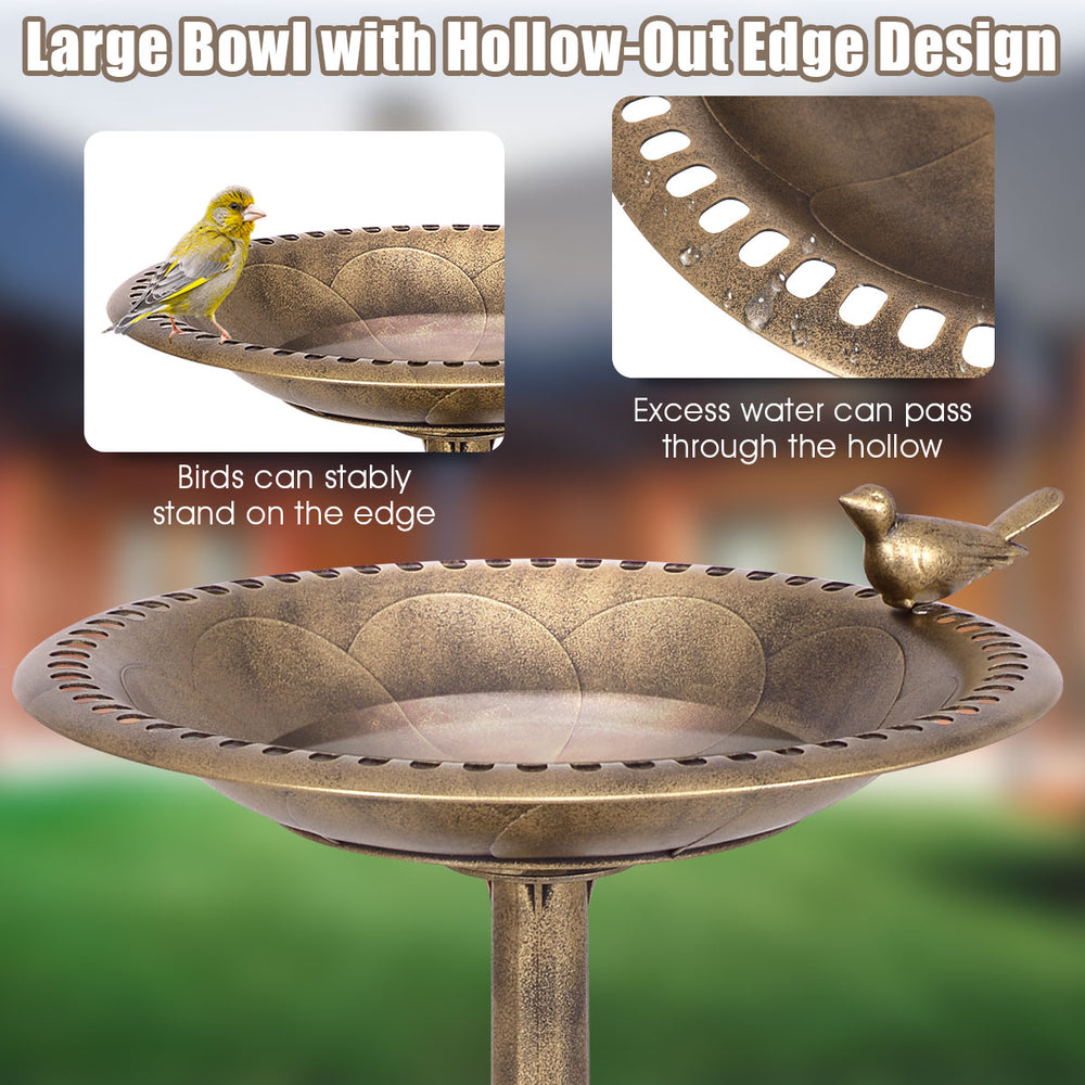 Large antique gold bird bath feeder with hollow-out edge design, perfect for attracting birds in the garden.