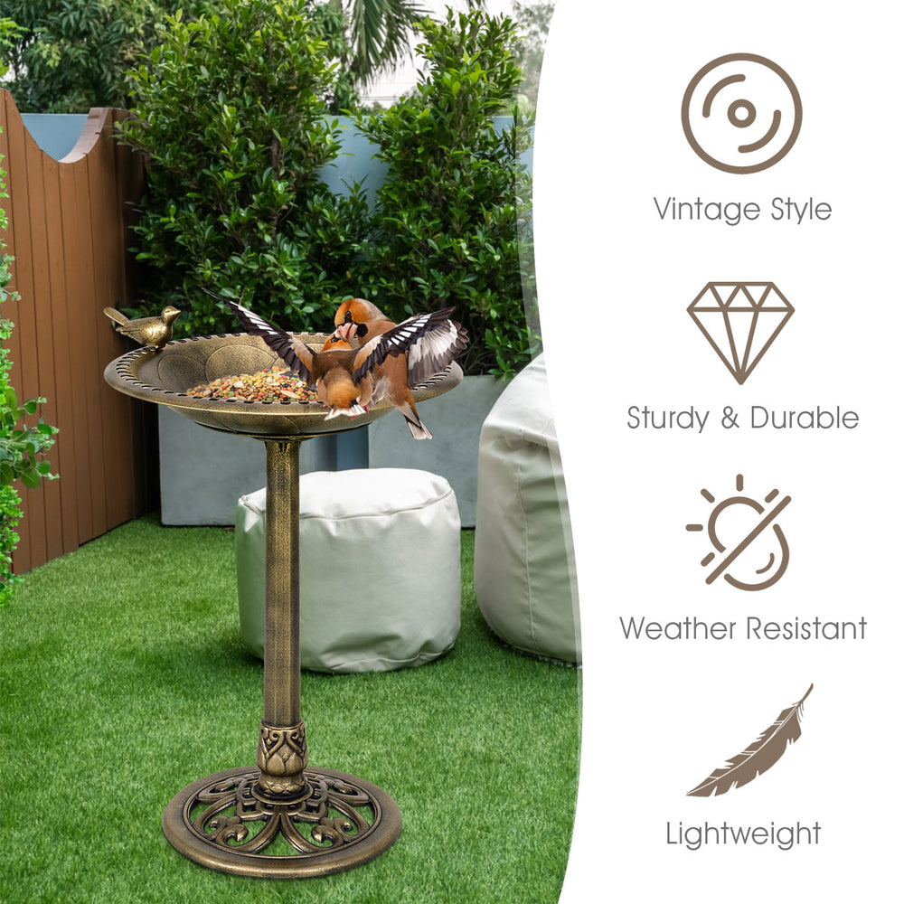 Antique Gold freestanding pedestal bird bath feeder with vintage finish, durable PP material, perfect for garden use.