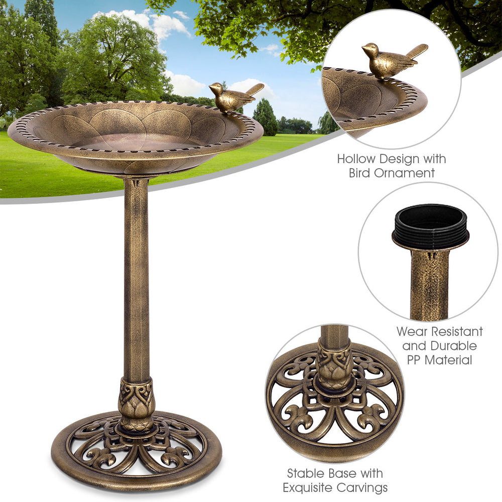 Antique gold freestanding pedestal bird bath feeder with hollow design, durable PP material, and stable base for garden.