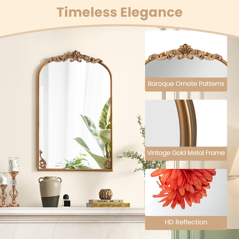 Arched vintage gold metal frame mirror with baroque ornate patterns, perfect for entryways and living rooms.