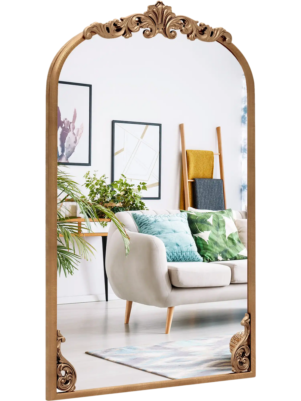 Arched gold vintage ornate mirror with a sturdy metal frame, perfect for enhancing entryways and living rooms.