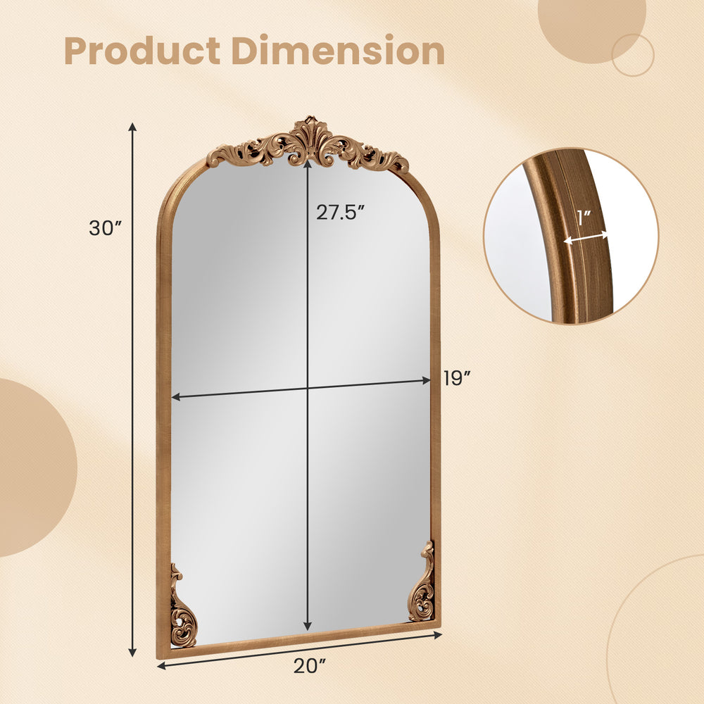 Arched gold vintage ornate mirror with metal frame, measuring 30"x20", perfect for entryways and living rooms.