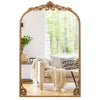 Arched gold vintage ornate mirror with a sturdy metal frame, perfect for enhancing entryways or living rooms.