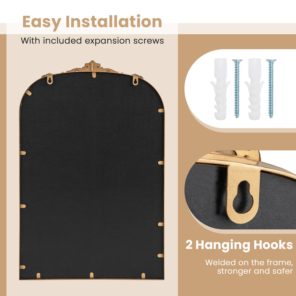 Arched wall mirror with vintage gold metal frame, featuring 2 hanging hooks for easy installation and timeless elegance.