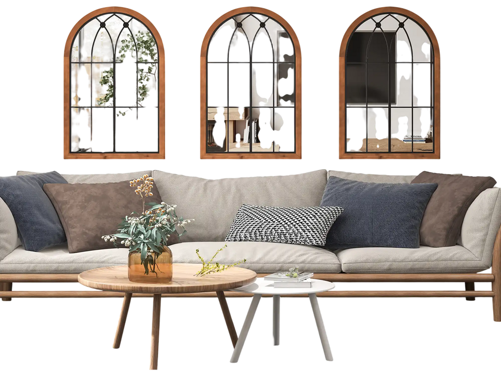 Three arched window finished mirrors in natural wood frame, enhancing room ambiance and providing crystal-clear.