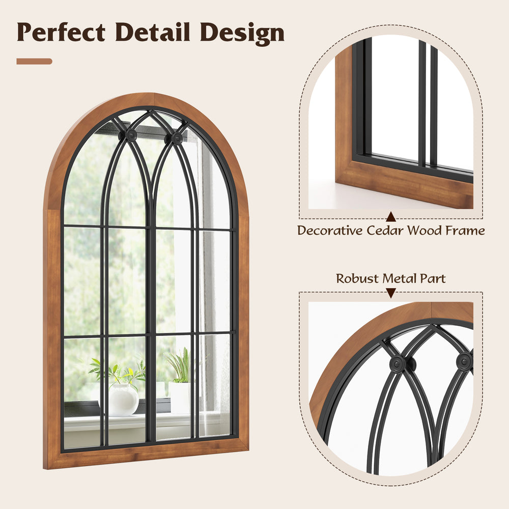 Arched window finished mirror with a decorative cedar wood frame and robust metal parts, ideal for enhancing any room's.