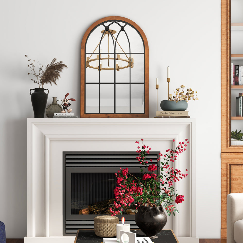 Arched window finished mirror with natural frame, enhancing room ambiance and providing a crystal-clear reflection.